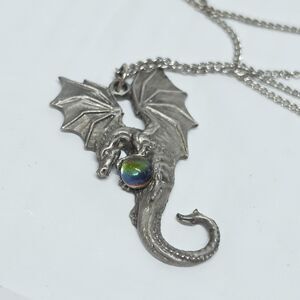 Gallo Dragon With Iridescent Crystal Ball Pewter Pendant Necklace Fantasy Mystic
